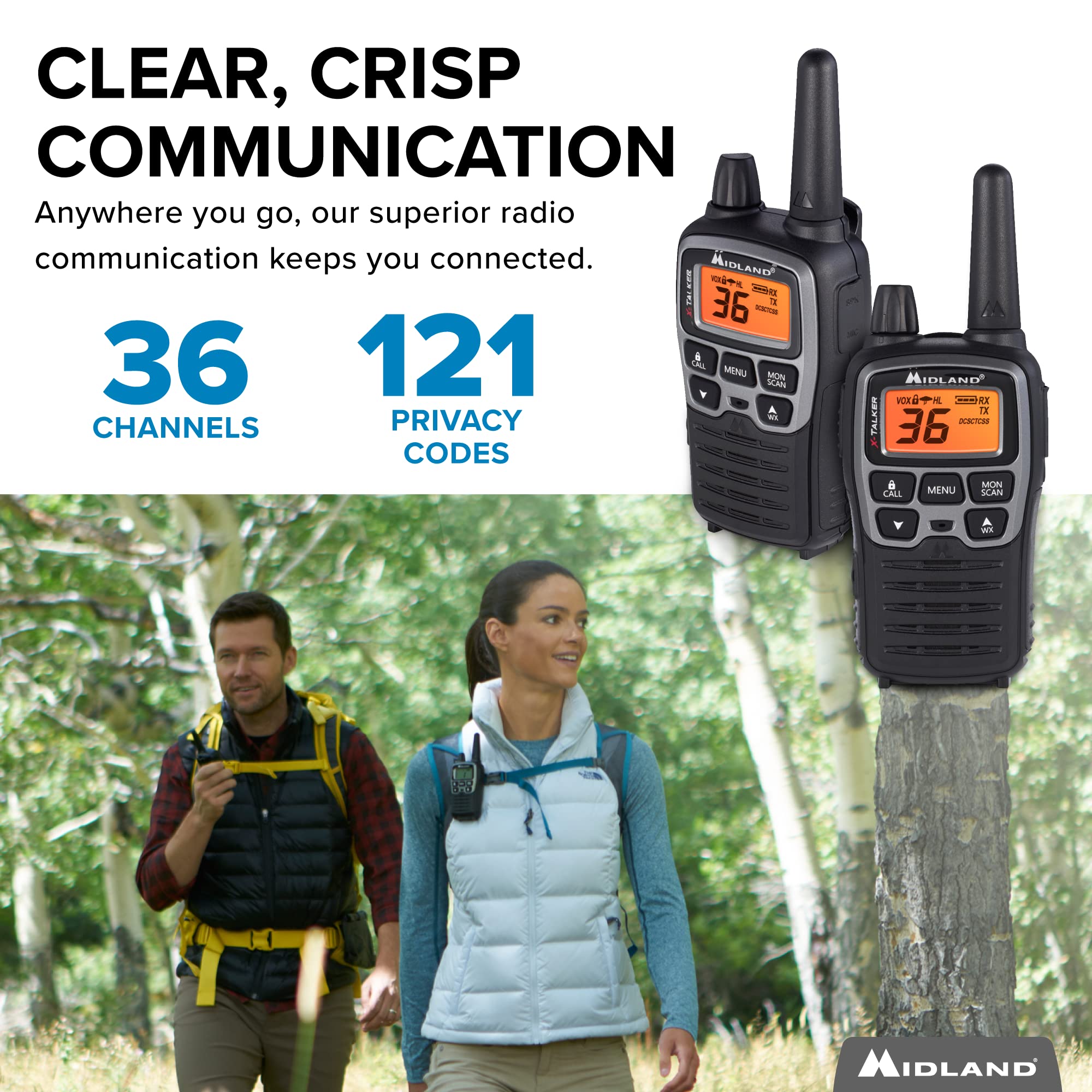 Midland T77Vp5 X Talker Long Range Walkie Talkie Frs Two Way Radio For Camping Overlanding Noaa Weather Scan + Alert, 121 Privacy Codes   Includes Carrying Case & Headset Black/Silver, 2 Radio Bundle